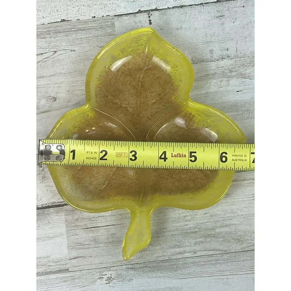 Vintage Amber Yellow Leaf Divided Candy Nut Dish Pressed Glass Trinket Tray